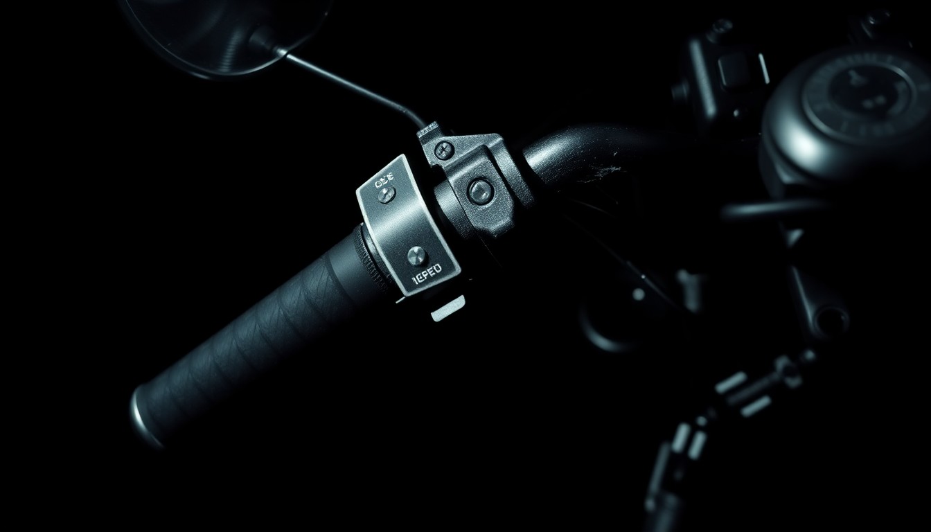 An extreme close-up of a damaged motorcycle part, such as a twisted handlebar or broken brake lever, captured in harsh, dramatic lighting to convey the gritty reality of a fatal urban collision.