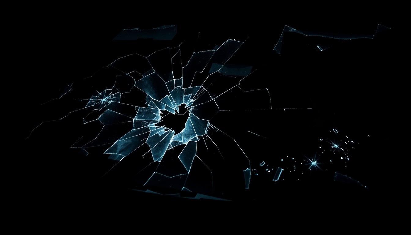 An extreme close-up photograph of a cracked and damaged car windshield, capturing the gritty, investigative nature of the incident through dramatic lighting and a stark, black background.