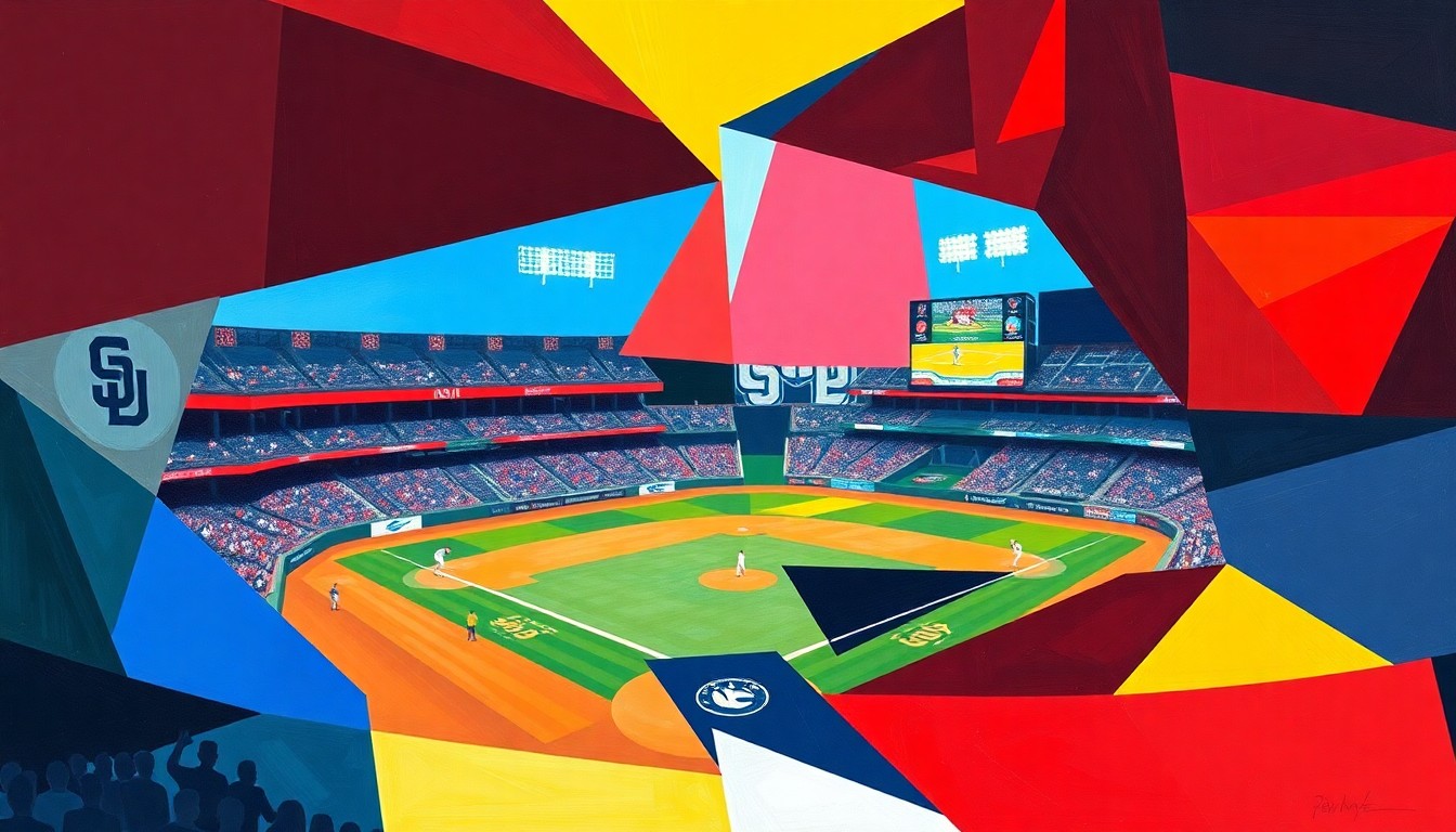 A fragmented, geometric painting depicting a baseball game in progress, with overlapping planes of color and shape representing the dynamic action on the field.