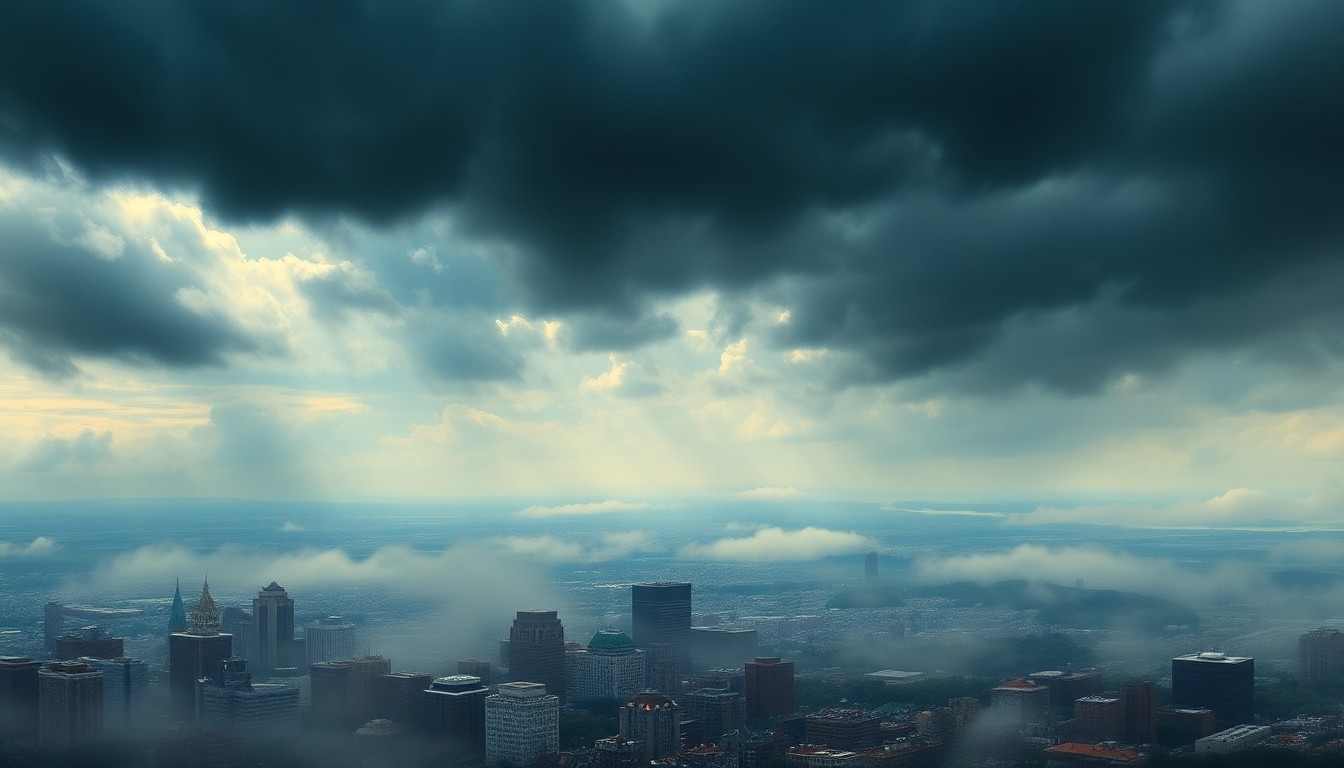 A sweeping, atmospheric landscape painting depicting the Boston skyline under a dramatic, hazy sky, with the city's buildings and landmarks dwarfed by the overwhelming scale of the natural environment.