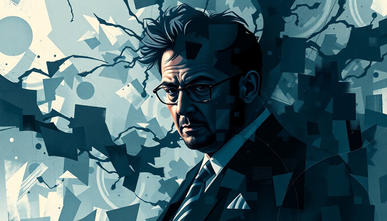 A fractured, abstract painting in shades of blue, grey, and black, depicting a shadowy figure representing the Colombian president surrounded by chaotic, overlapping geometric shapes, conveying a sense of political turmoil and intrigue.