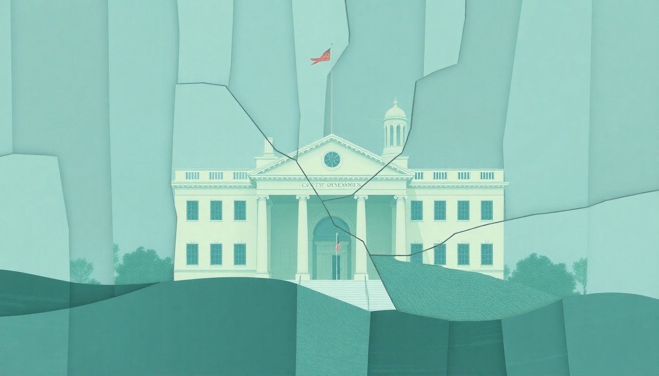 A fractured, abstract painting in muted blues, greens, and grays, depicting the overlapping, geometric shapes of a county government building or budget ledger, conveying a sense of financial instability and urgency.
