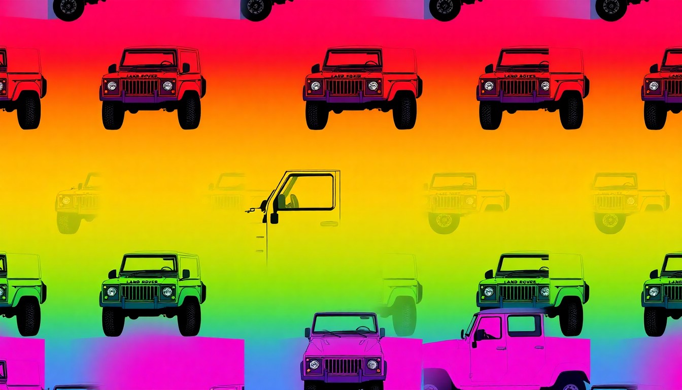 A highly stylized, pop art-inspired illustration featuring a grid of brightly colored, silkscreen-printed Land Rover Defender 130 vehicles, conceptually representing the donation of this utility vehicle to a nonprofit supporting injured veterans.