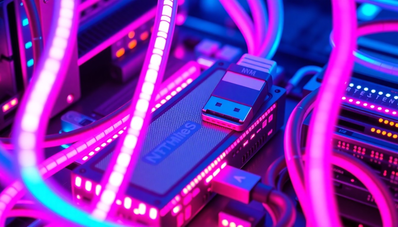 A highly detailed, 3D macro illustration of glowing, illuminated data storage hardware components and infrastructure, conveying a sense of advanced, high-performance technology powering modern media workflows.