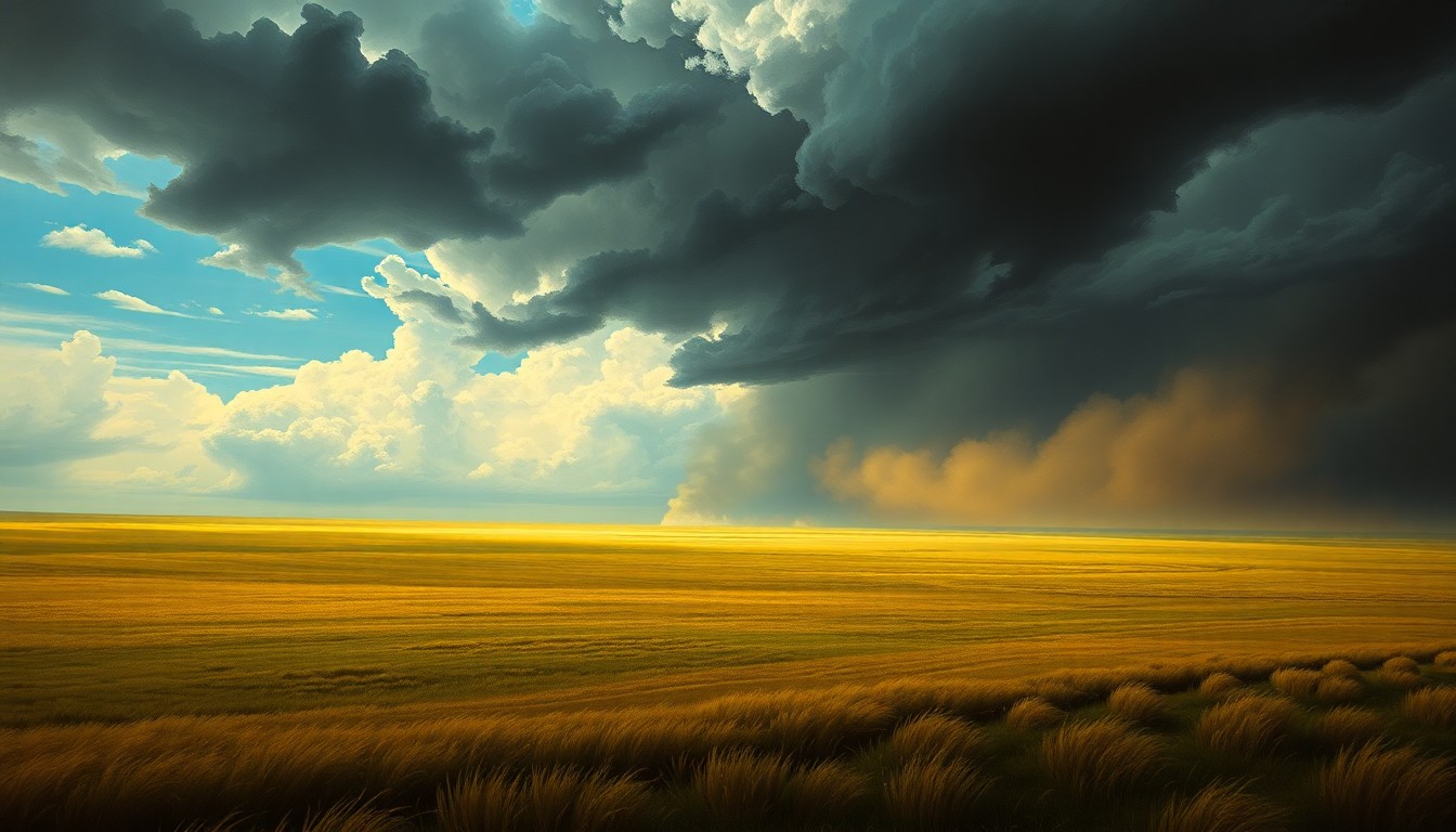 A vast, atmospheric landscape painting in muted earth tones, with a stormy sky overhead and a small plume of smoke visible on the horizon, conveying the overwhelming scale and power of the natural environment.