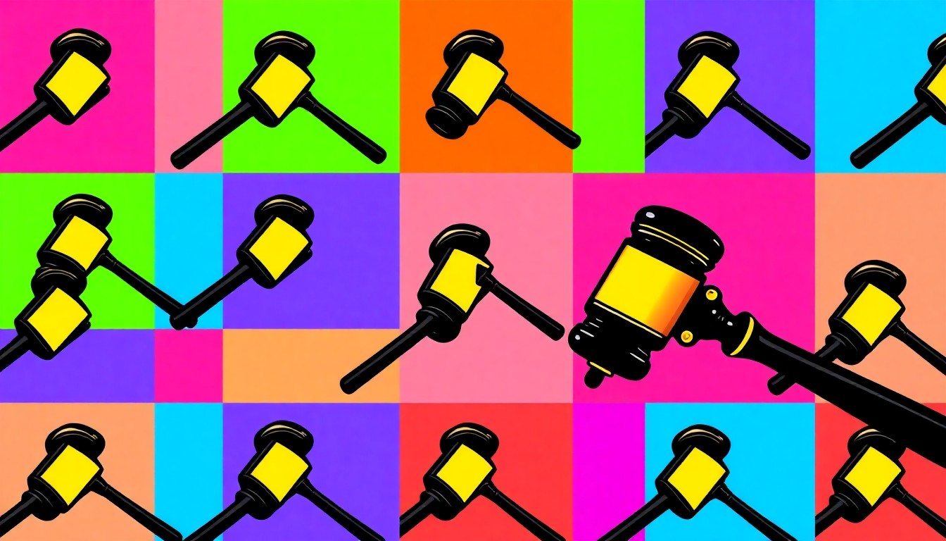 A vibrant, high-contrast silkscreen print of a gavel repeated in a grid, capturing the iconic symbol of the legal profession in a modern pop art style.