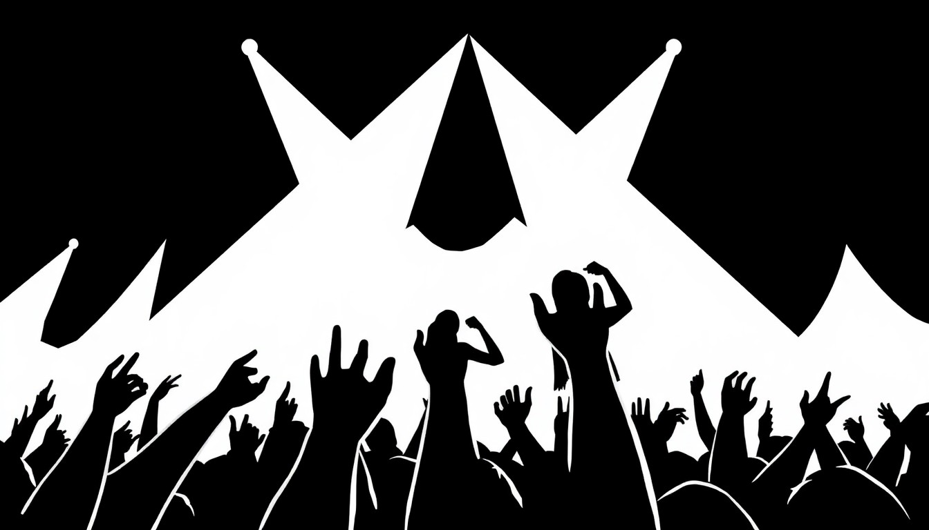 A dynamic, abstract composition of angular black shapes against a stark white background, conveying the high-energy spirit of a live pop music performance.