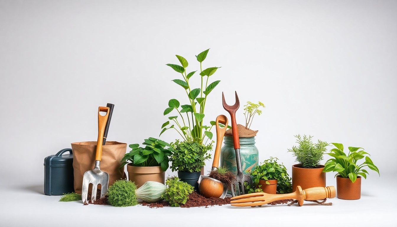 A studio still life photograph featuring a carefully arranged composition of gardening tools, recycled materials, and lush green plants against a clean, monochromatic background, symbolizing the collaborative community effort to beautify and sustain the South Park neighborhood.