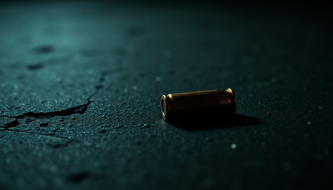 An extreme close-up photograph of a single spent bullet casing on a dark concrete surface, lit by a harsh, direct camera flash, conceptually illustrating the physical evidence collected by police during their investigation of the New Rochelle gunfire exchange.