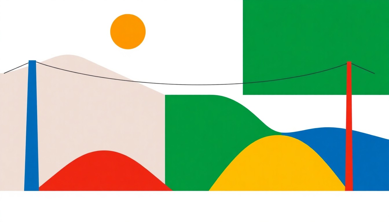 A geometric abstract illustration featuring bold shapes in primary colors, representing the economic concepts of infrastructure investment and small business recovery.