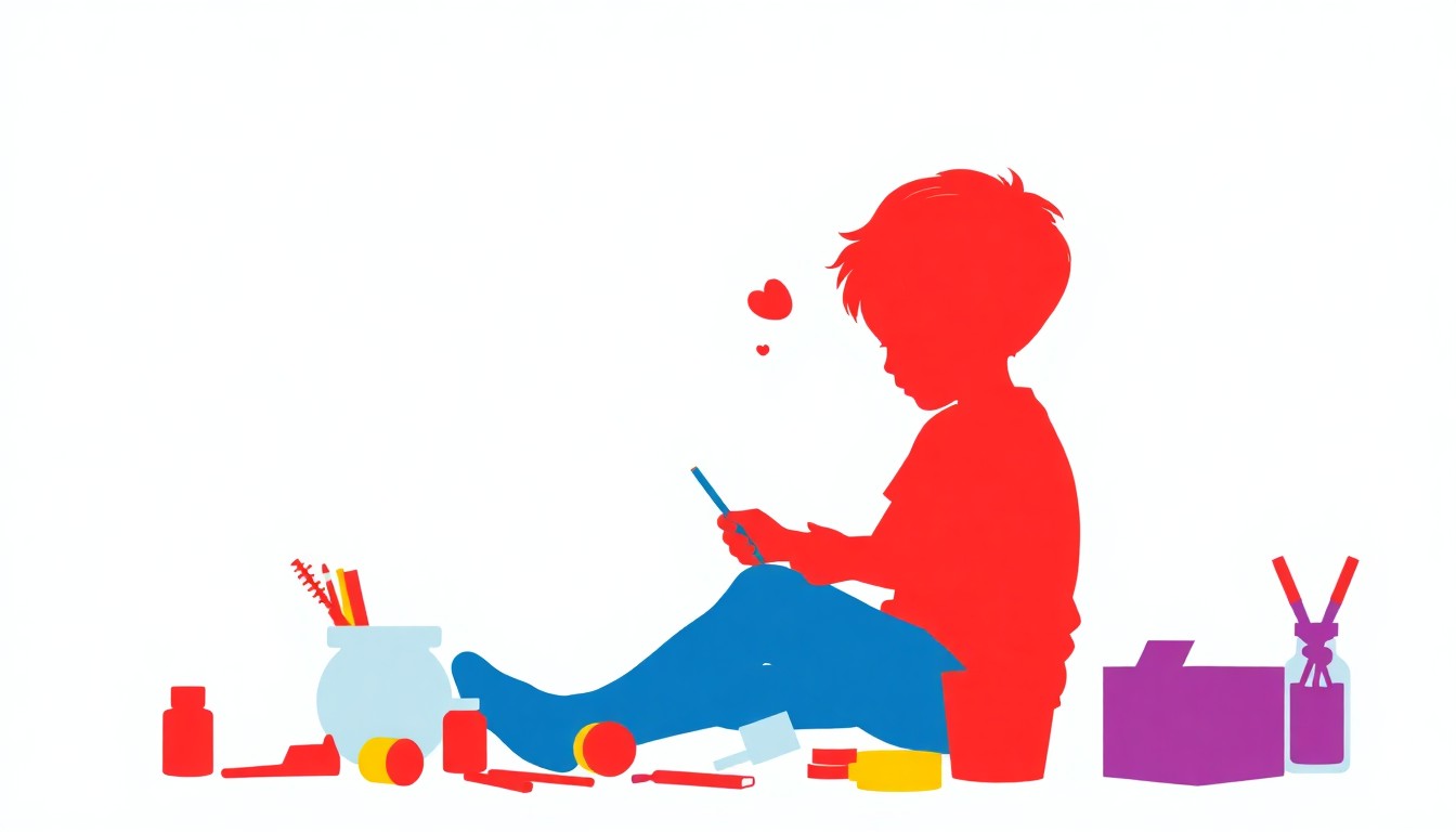 A striking black silhouette of a young boy surrounded by colorful art supplies, toys, and musical instruments, conveying the idea of a child freely exploring diverse interests without gender-based limitations.