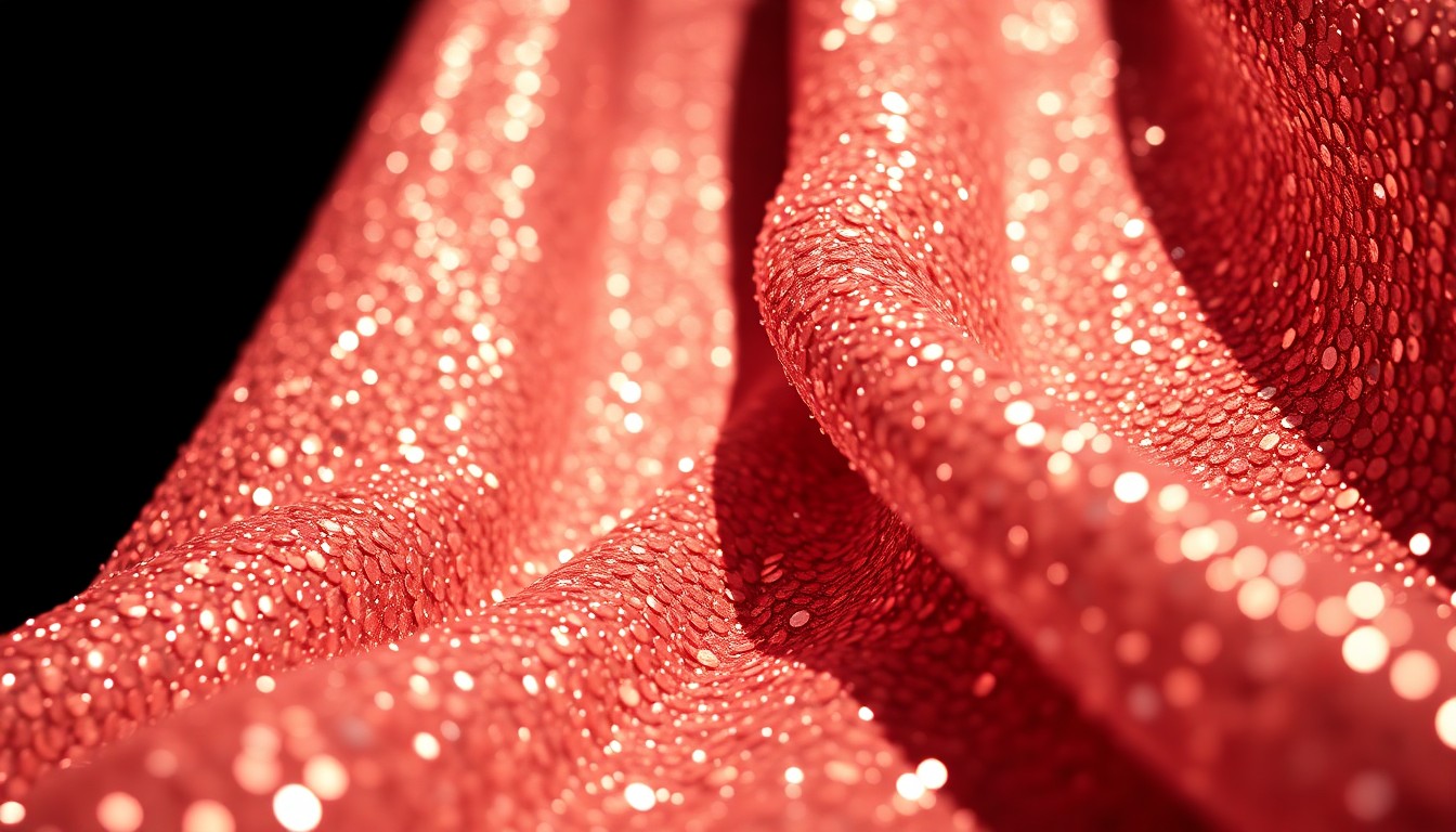 An extreme close-up photograph of glittering sequins and shimmering fabric textures in high-contrast studio lighting, conceptually representing the glamour and spectacle of a theatrical production.