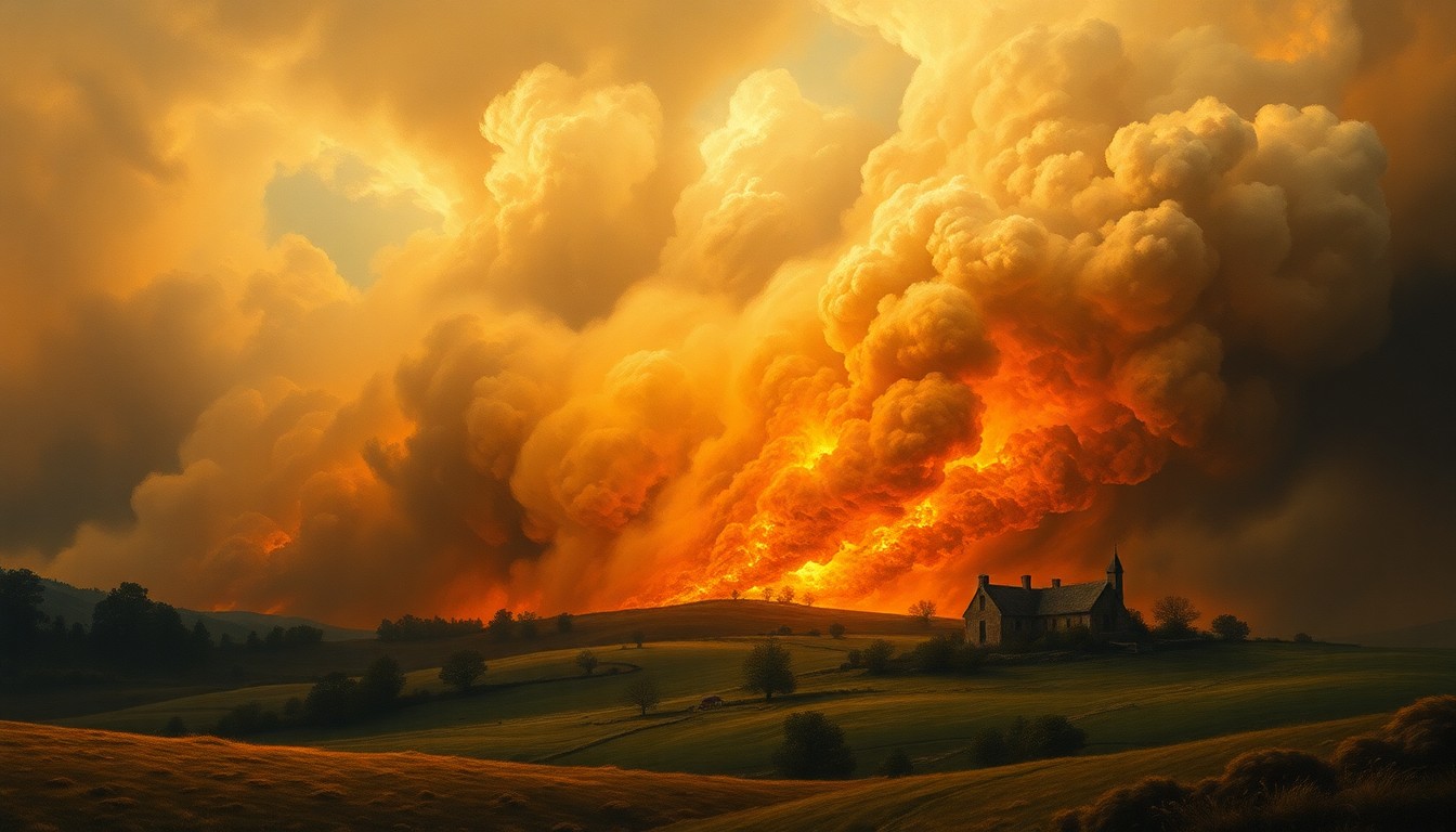 A sweeping landscape painting in muted earth tones, with a small rural home consumed by a massive, billowing fire in the distance, conveying the overwhelming, sublime scale of the natural disaster.