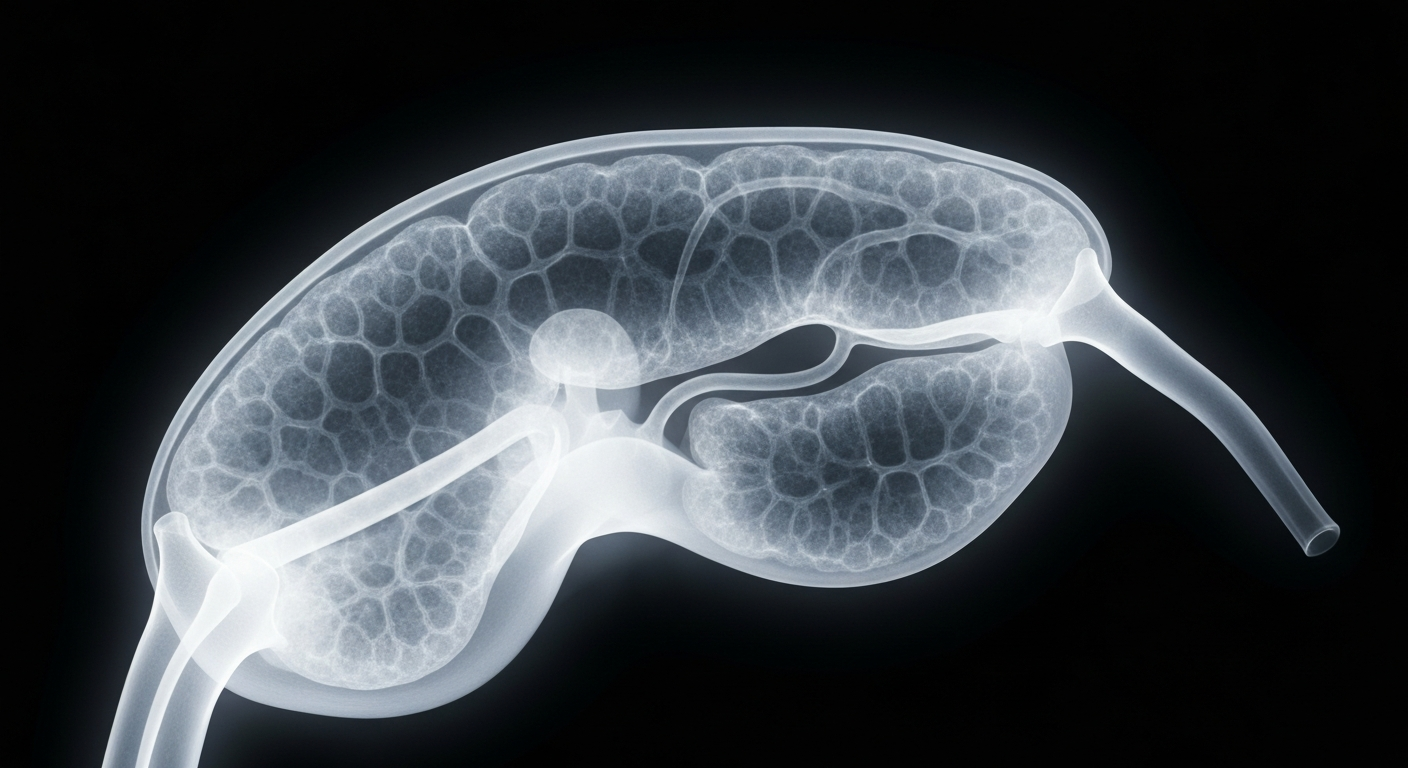 A translucent, ghostly X-ray image showing the detailed anatomy of an adrenal gland, with its complex internal structures glowing against a dark background.