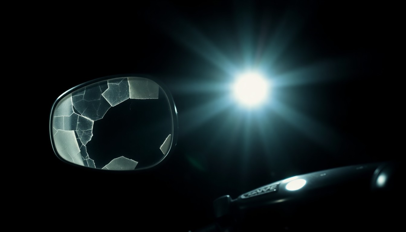An extreme close-up photograph of a motorcycle's damaged side mirror, lit by a harsh, direct camera flash against a pitch-black background, creating a stark, gritty, investigative aesthetic.