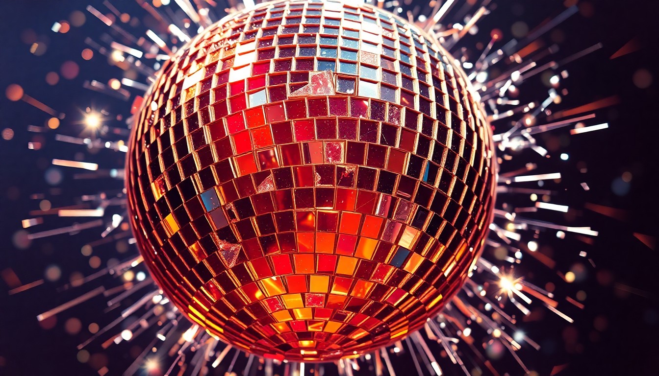 An abstract close-up photograph of a shattered disco ball, with the reflective shards creating a glittering, high-contrast texture that evokes the excitement and atmosphere of a live music performance.