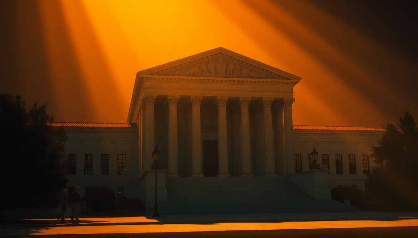 A photorealistic painting of the exterior of the U.S. Supreme Court building, with the iconic columns and steps bathed in warm, golden light and deep shadows, conveying a sense of historical significance and gravitas around the court's deliberations on this issue.