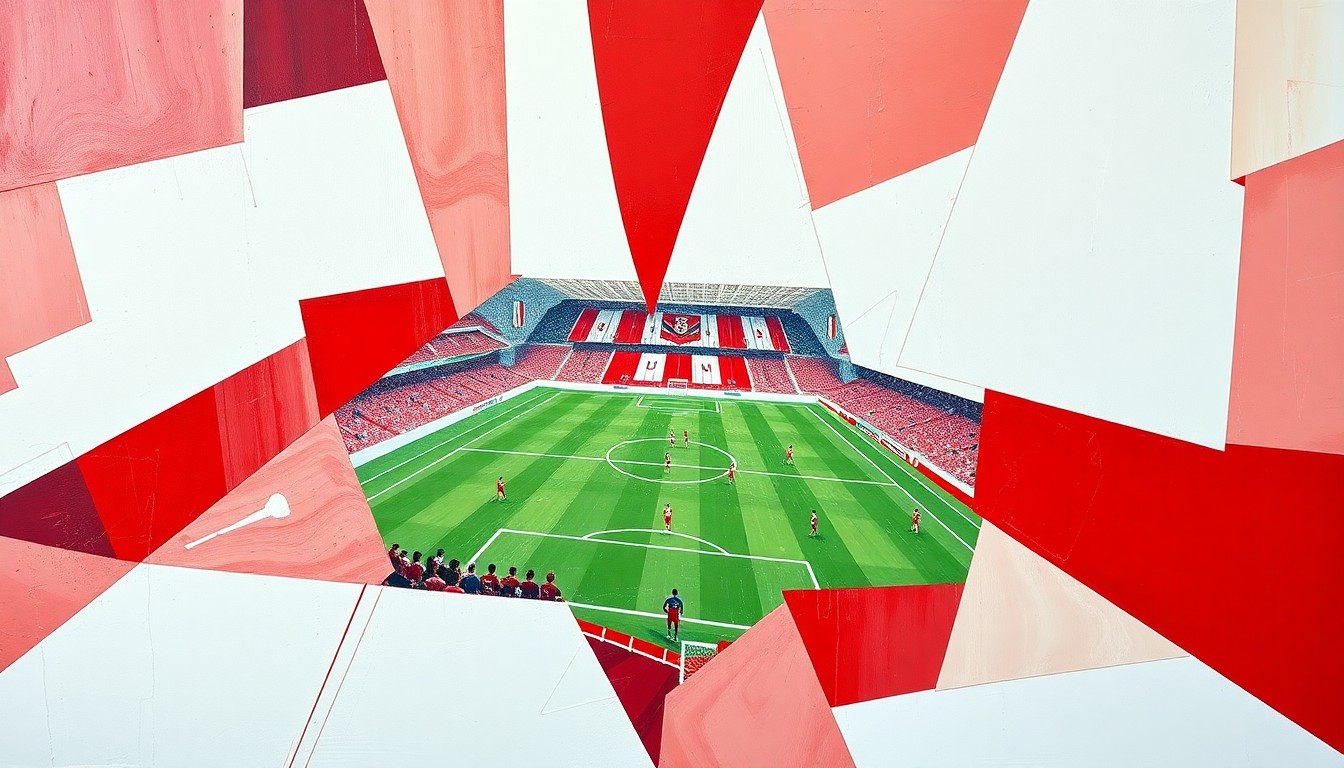 A fractured, geometric painting in red and white hues, depicting the action and movement of a football match in an abstract, deconstructed style.