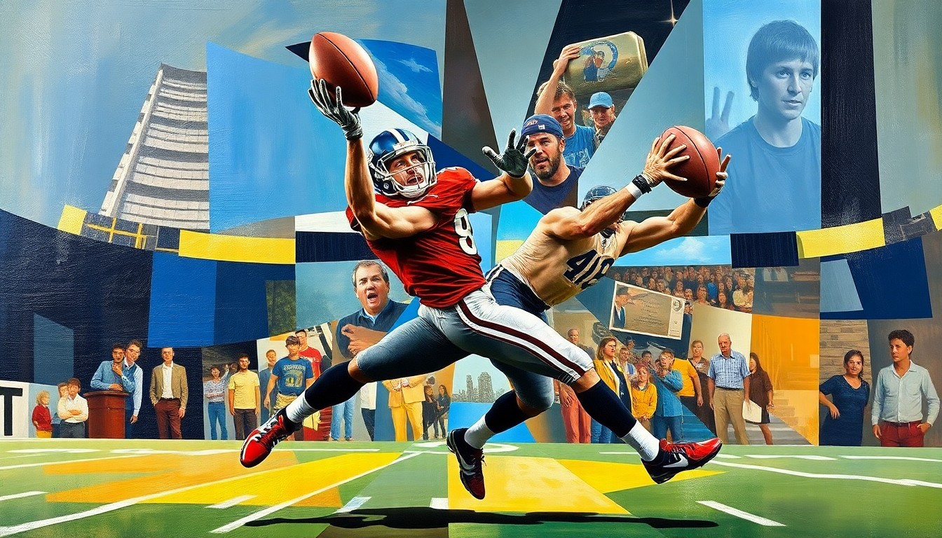 A cubist-style painting depicting a football player making a catch, with the figure broken down into sharp, overlapping geometric shapes in a variety of colors, conceptually representing the strategic complexity of the Patriots' receiving corps.