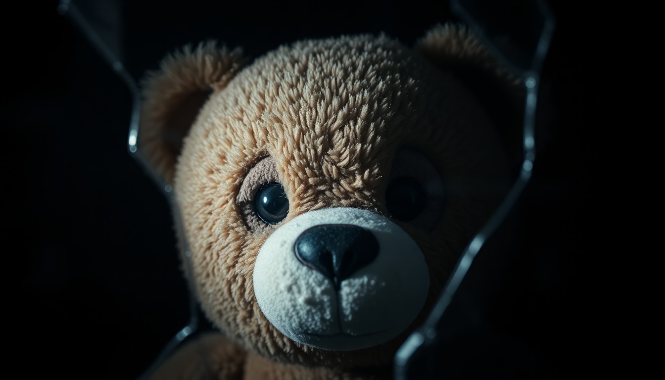 An extreme close-up photograph of a teddy bear's eye reflected in a shattered glass display case, creating a stark, gritty, investigative aesthetic.