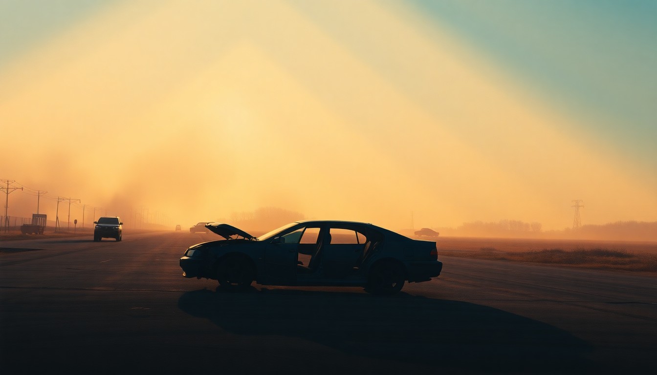 A photorealistic painting in the style of Edward Hopper, depicting the twisted wreckage of a car at a quiet intersection, with the warm glow of the setting sun casting long shadows across the scene, conveying a sense of melancholy and loss.