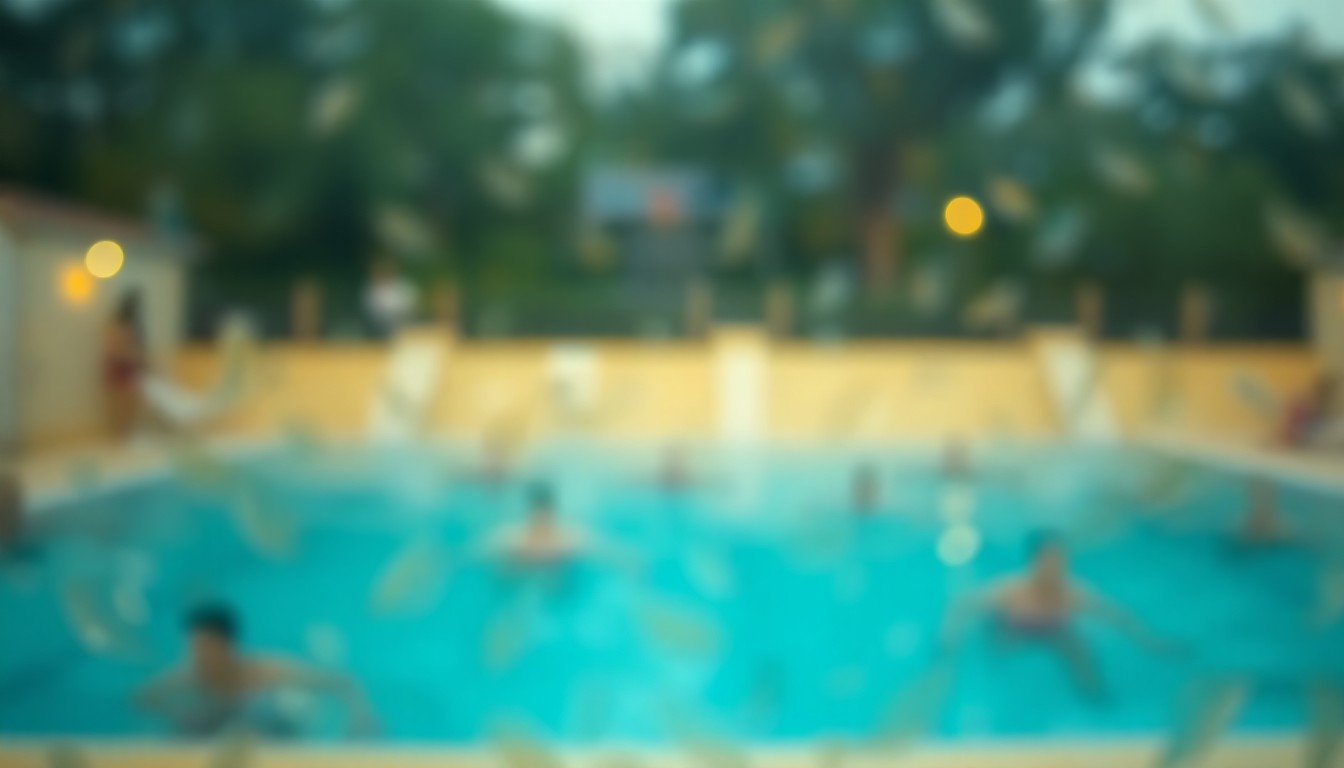An abstract, out-of-focus image depicting a blurred, dreamlike scene of people swimming in a pool, with warm, soft colors of blue, green, and yellow creating a calming, nostalgic atmosphere.