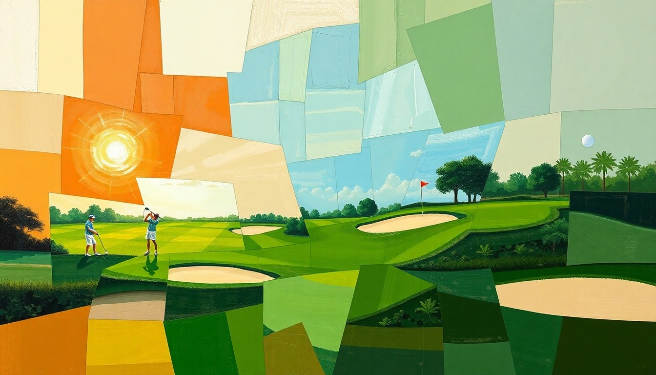 A cubist, geometric painting depicting a high school golf match, with fairways, sand traps, and flying golf balls rendered in sharp, overlapping planes of color, conveying the dynamic energy and unpredictability of the sport.