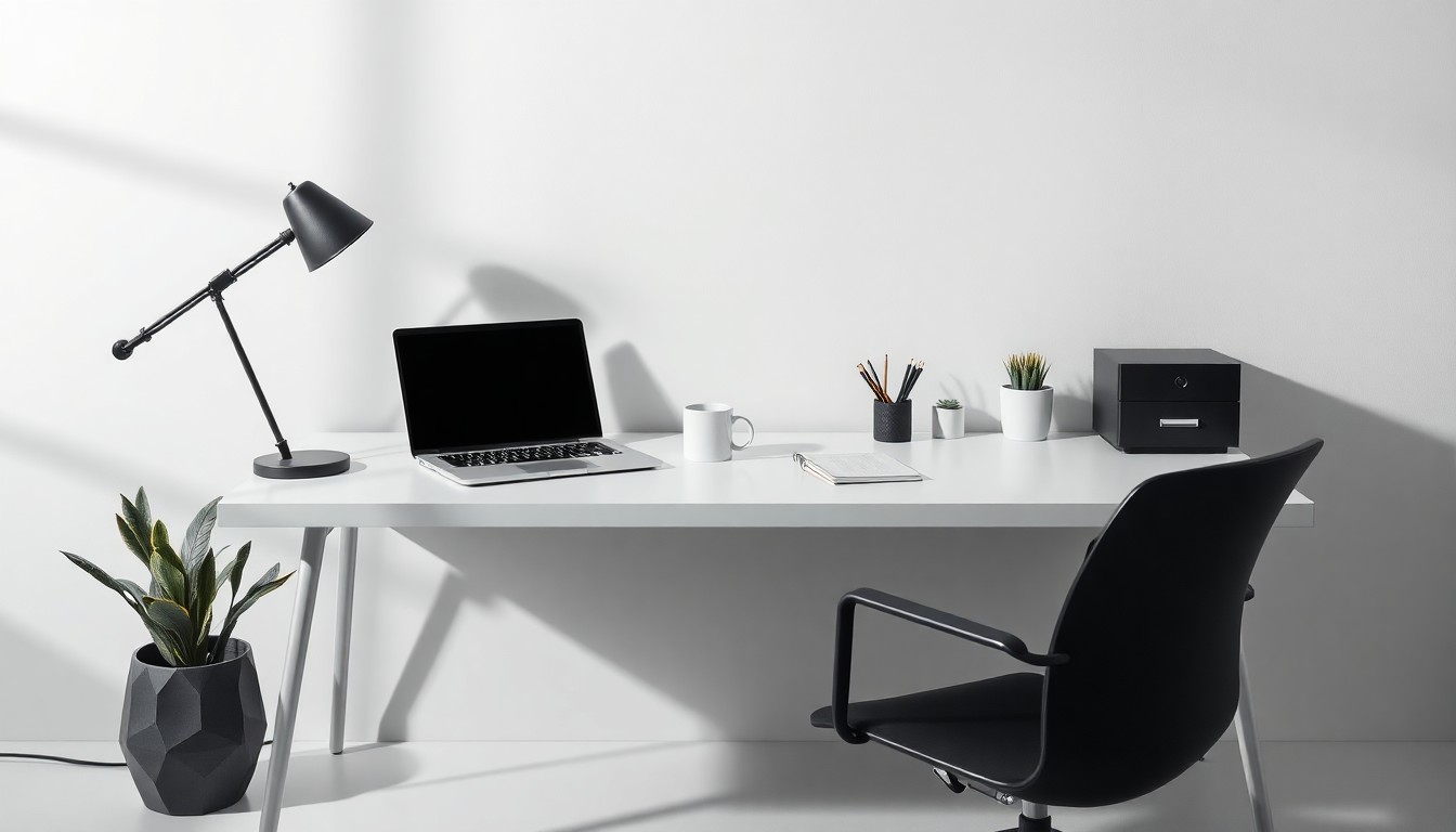 A minimalist, photorealistic studio still life featuring a laptop, coffee mug, and office supplies arranged elegantly on a clean, monochromatic background, conceptually representing the closure of a coworking space and changes in commercial real estate.
