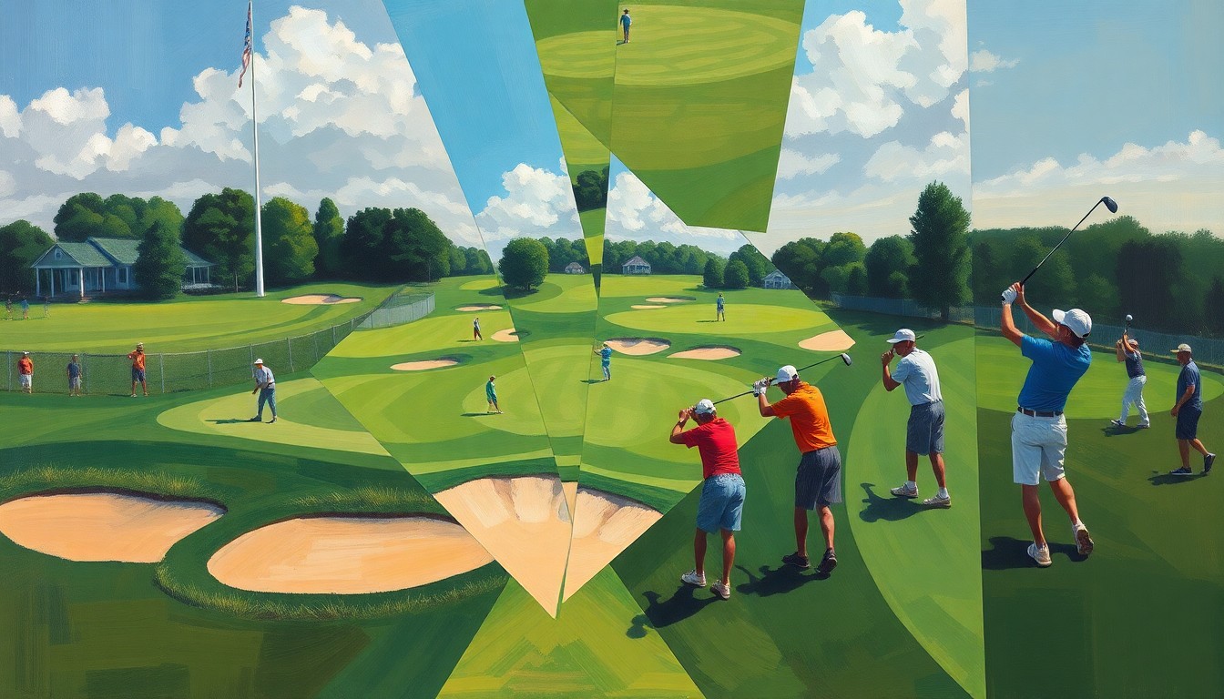 A fragmented, geometric painting depicting the various elements of a high school golf tournament, including fairways, sand traps, and players swinging their clubs, all rendered in a cubist style.
