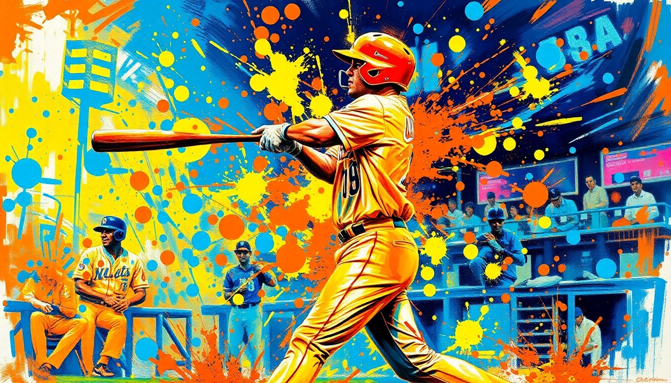 An extreme close-up of a baseball player's silhouette mid-swing, surrounded by a vibrant explosion of neon orange, yellow, and blue paint splatters, capturing the raw energy and celebratory emotion of a game-winning home run.