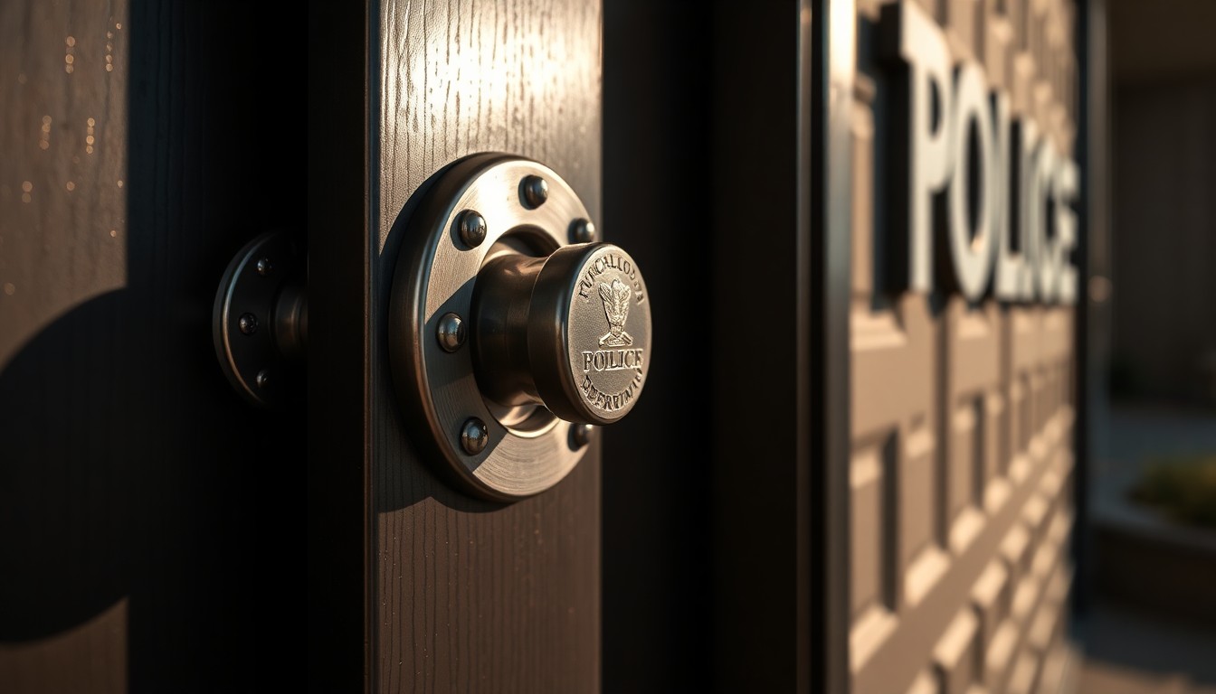 An extreme close-up photograph of a metal door handle, capturing the intricate details and textures in dramatic lighting to conceptually represent the new Tuscaloosa Police Department logistics building.