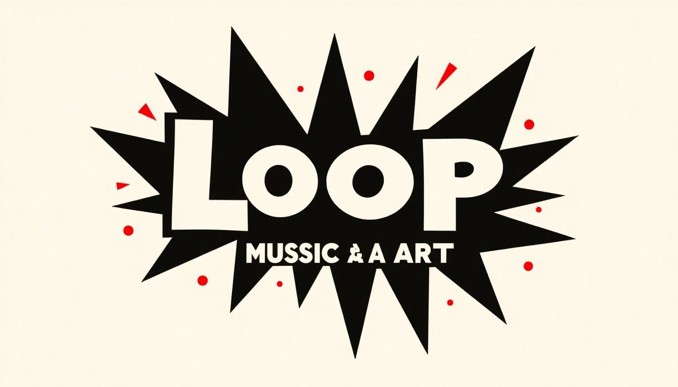A striking abstract illustration featuring sharp, angular shapes in black, white, and red, conveying the dynamic, multifaceted nature of the Loop Music and Arts Festival.