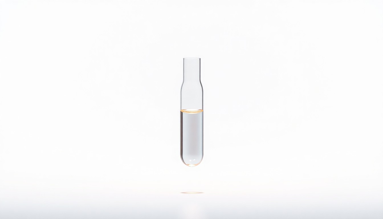 A photorealistic studio still-life image showing a single elegant glass vial filled with a glowing liquid, suspended against a clean white background, conceptually representing the complex and delicate nature of gene therapy research.