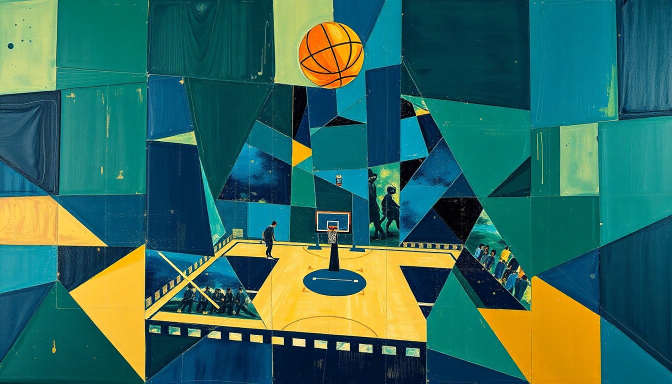 A cubist, geometric painting depicting fragmented basketball players and court elements in shades of navy, green, and gold, conveying the strategic depth and defensive strength the Hawks have added to their roster.