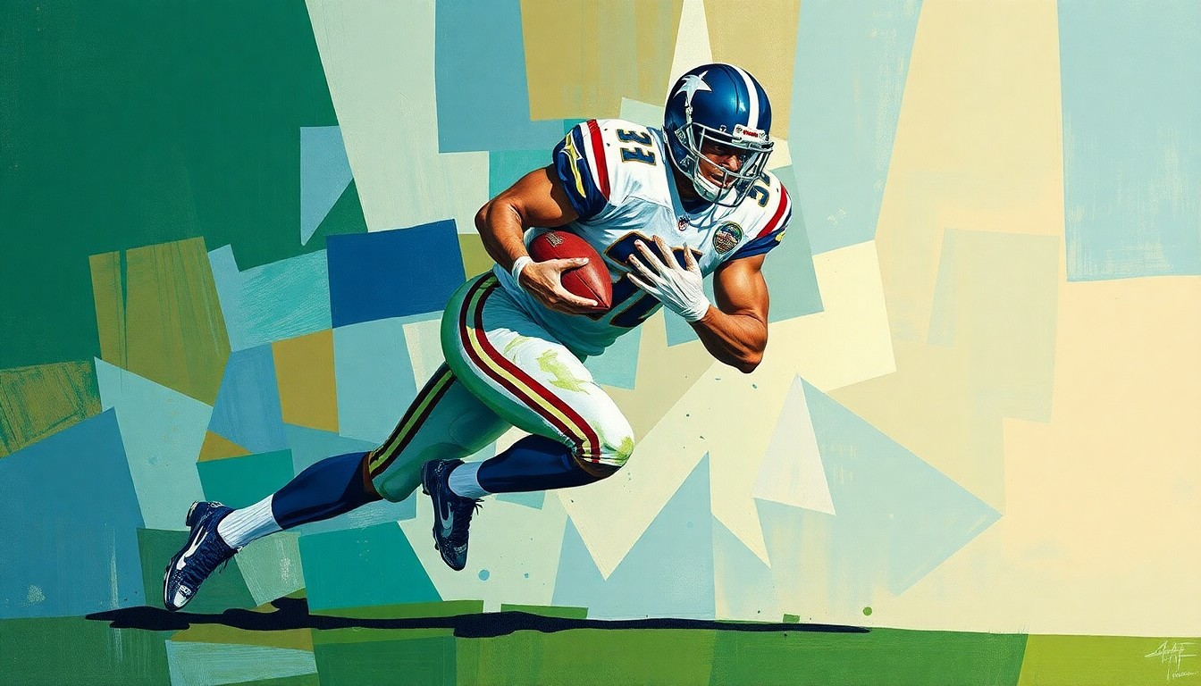 A fragmented, geometric painting depicting a defensive tackle in motion, with sharp planes of blue, green, and brown overlapping to create a dynamic, abstract representation of the player's actions.