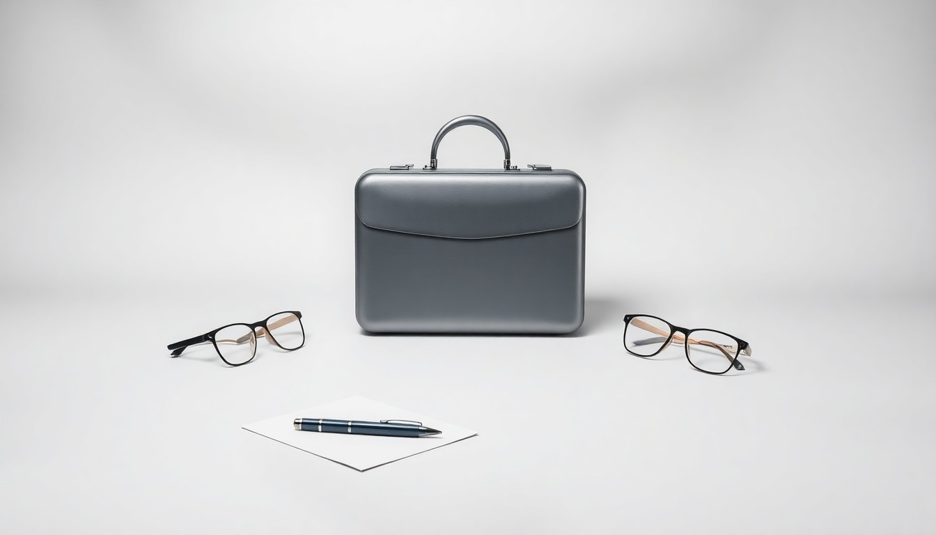 A high-end, photorealistic studio still-life photograph featuring a sleek, metallic briefcase, a pen, and a pair of eyeglasses arranged elegantly on a clean, monochromatic background, conceptually representing the leadership and strategic focus of Consertus' new Chief Synergy Officer.