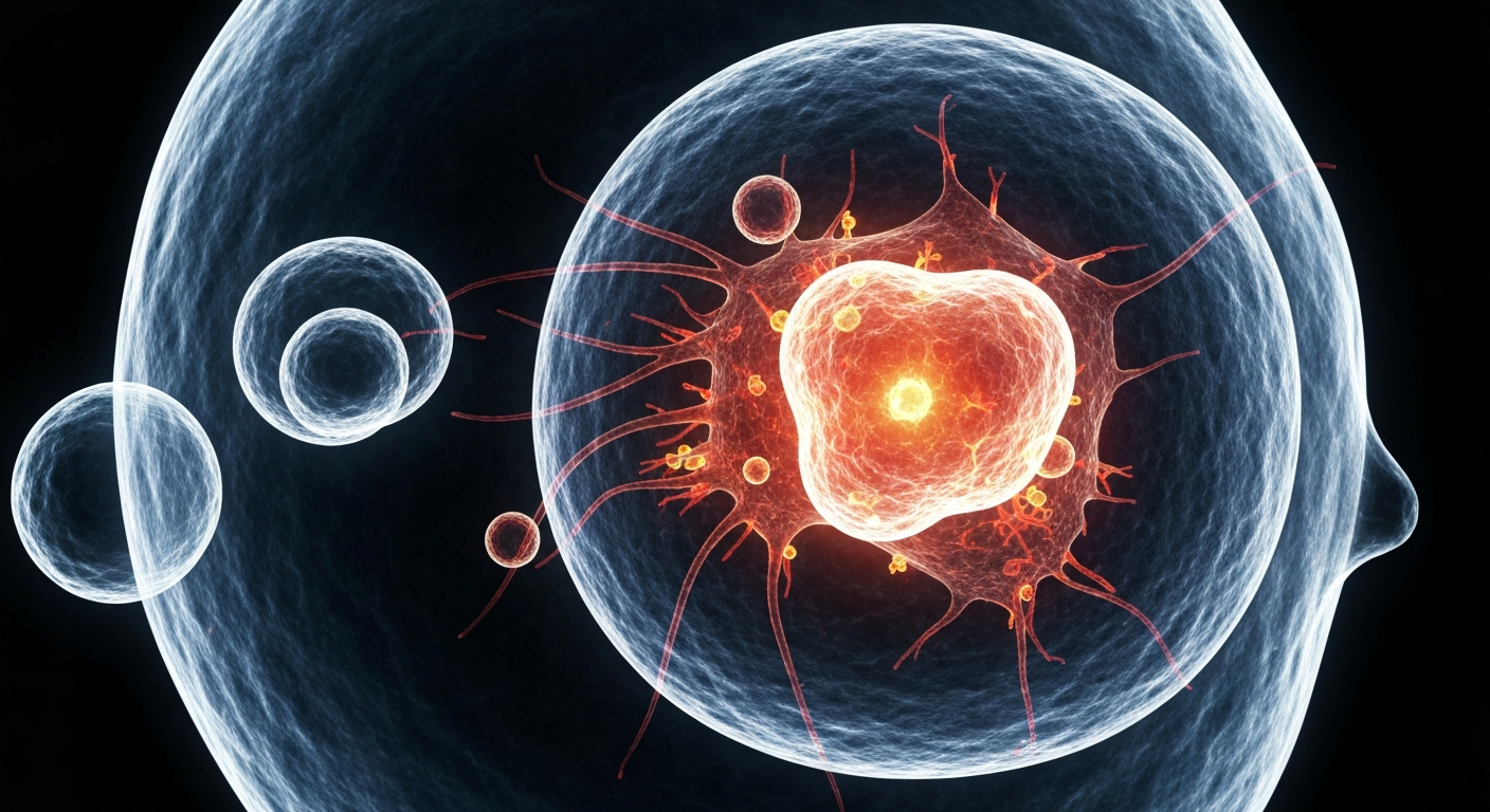 A highly detailed, translucent X-ray-style image of a human cell, with its internal structures and organelles visible as glowing, ghostly lines against a dark background, conceptually representing the advanced molecular analysis techniques used in Biodesix's new cancer diagnostic test.