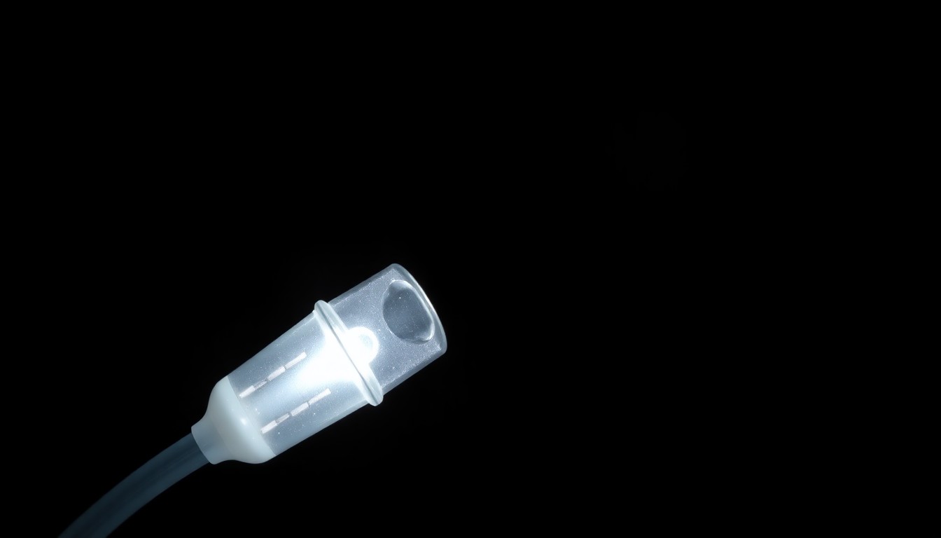 An extreme close-up photograph of a medical feeding tube against a pitch-black background, lit by a harsh, direct camera flash, conceptually representing the allegations of medical abuse.