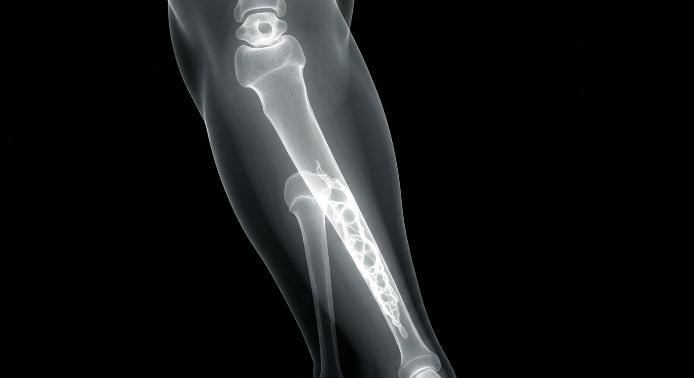 A highly detailed, translucent X-ray photograph showing the intricate network of veins and arteries in a human leg, with a bright, glowing blood clot visible against the dark background.