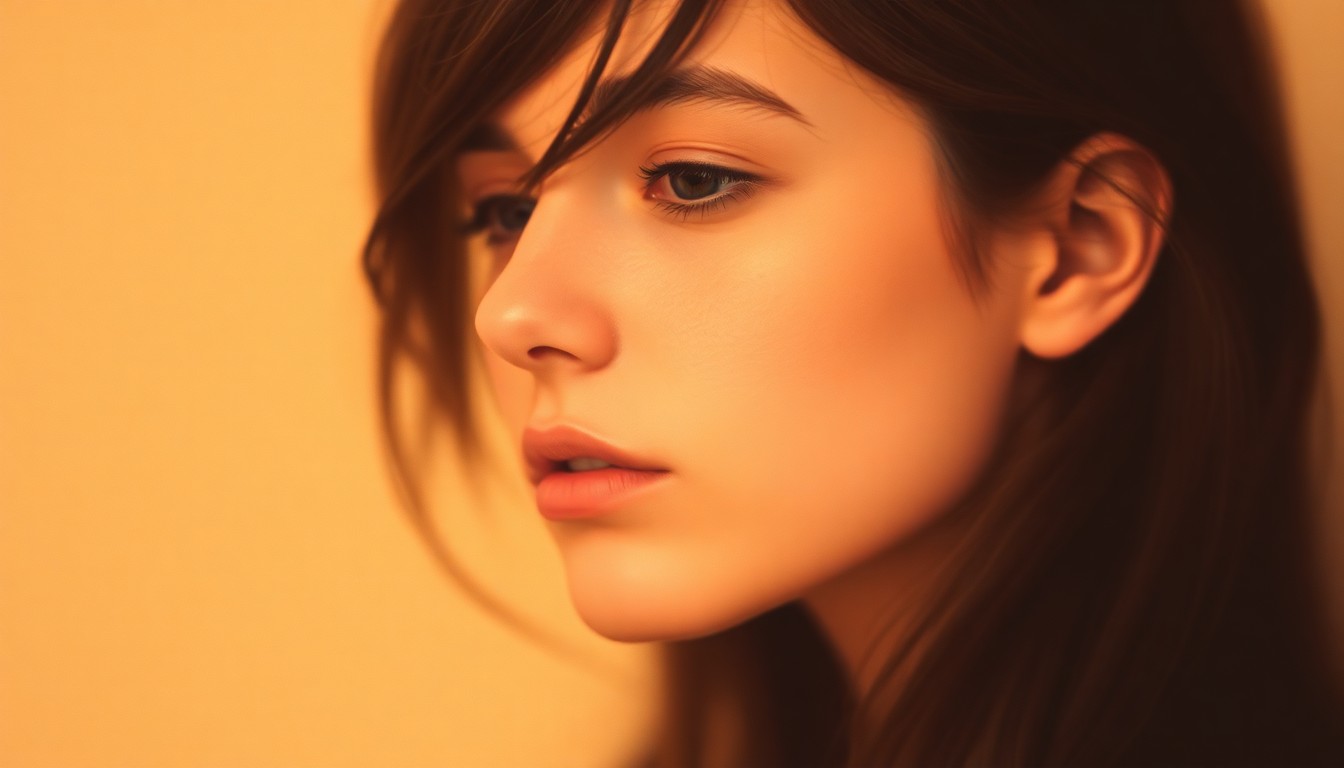 An extremely abstracted, out-of-focus photograph in soft pools of warm color and light, depicting the profile of a young woman's face in a dreamlike, melancholic manner.