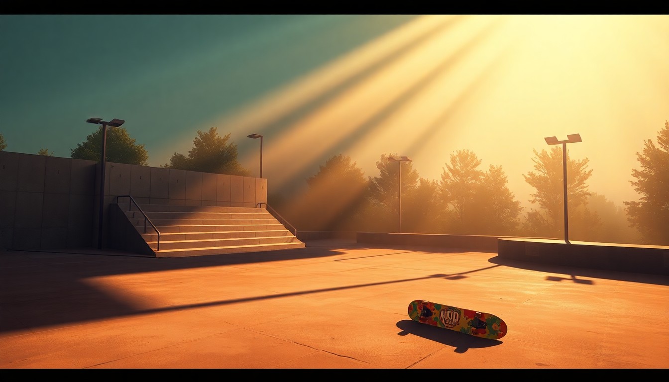 A cinematic painting of an empty skate park with a lone skateboard resting on the ground, conveying a sense of melancholy and remembrance for a talented skateboarder who passed away.