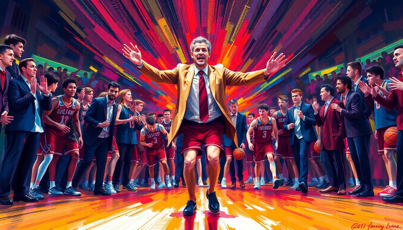 An abstract, energetic painting featuring bold brushstrokes in neon orange, blue, and yellow, capturing the intensity and dynamism of a college basketball coach leading his team onto the court.