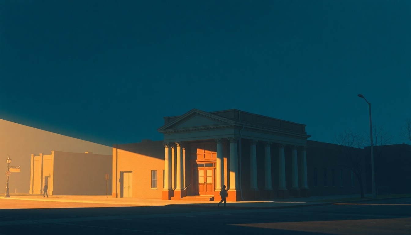 A photorealistic painting of a stately government building in downtown Boston, its facade illuminated by warm, angled sunlight that casts deep shadows across the structure, evoking a sense of quiet contemplation and civic responsibility.