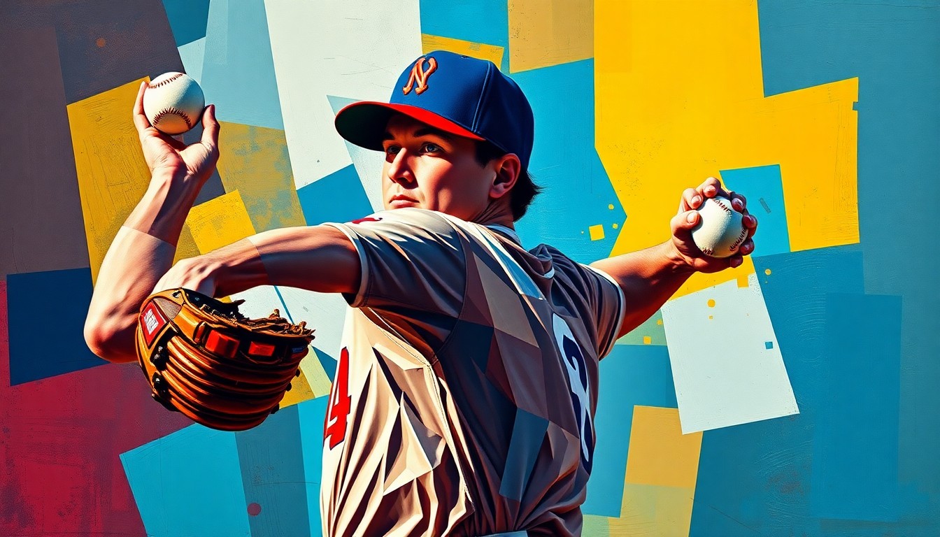 A fragmented, geometric painting depicting a baseball pitcher in mid-motion, with their body and uniform broken down into sharp, overlapping planes of color and form.