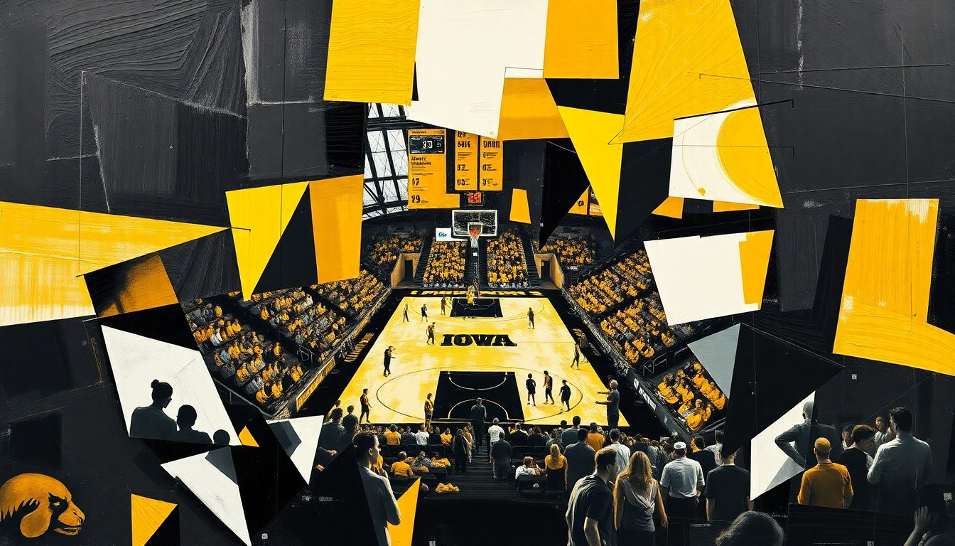 A cubist, geometric painting depicting a fragmented women's basketball game, with sharp planes of black, gold, and white overlapping to create a sense of motion and disruption.