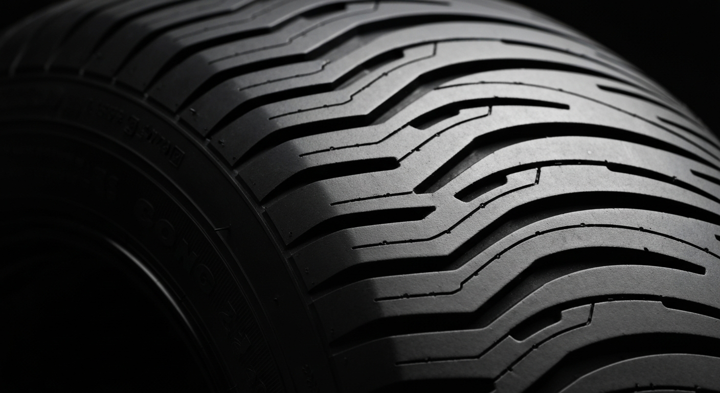 An extreme close-up photograph of the intricate tread pattern and sidewall of a high-performance tire, captured in dramatic lighting that emphasizes the textural details and materiality of the rubber.