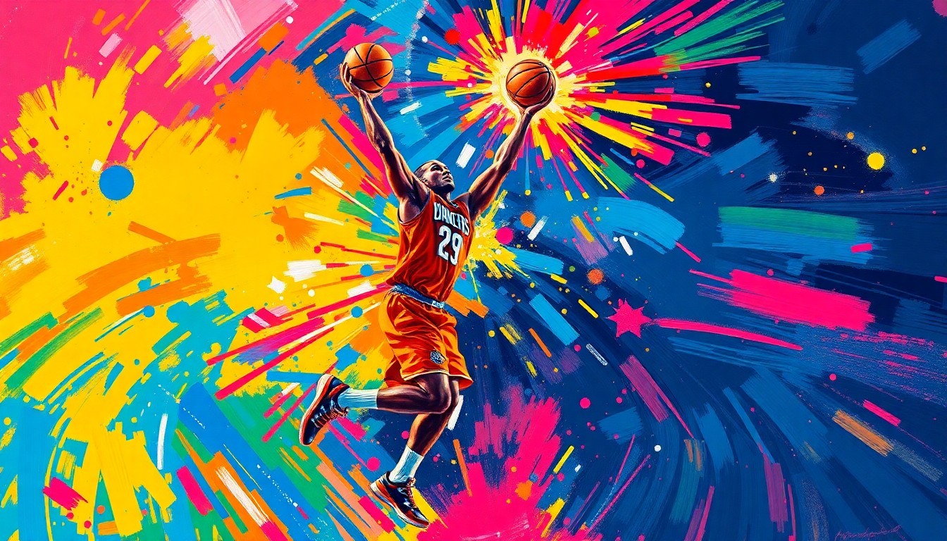 An abstract, energetic painting using vibrant neon brushstrokes to depict the dynamic motion of a basketball player in mid-jump shot, conveying the excitement and potential of the new addition to the Syracuse team.