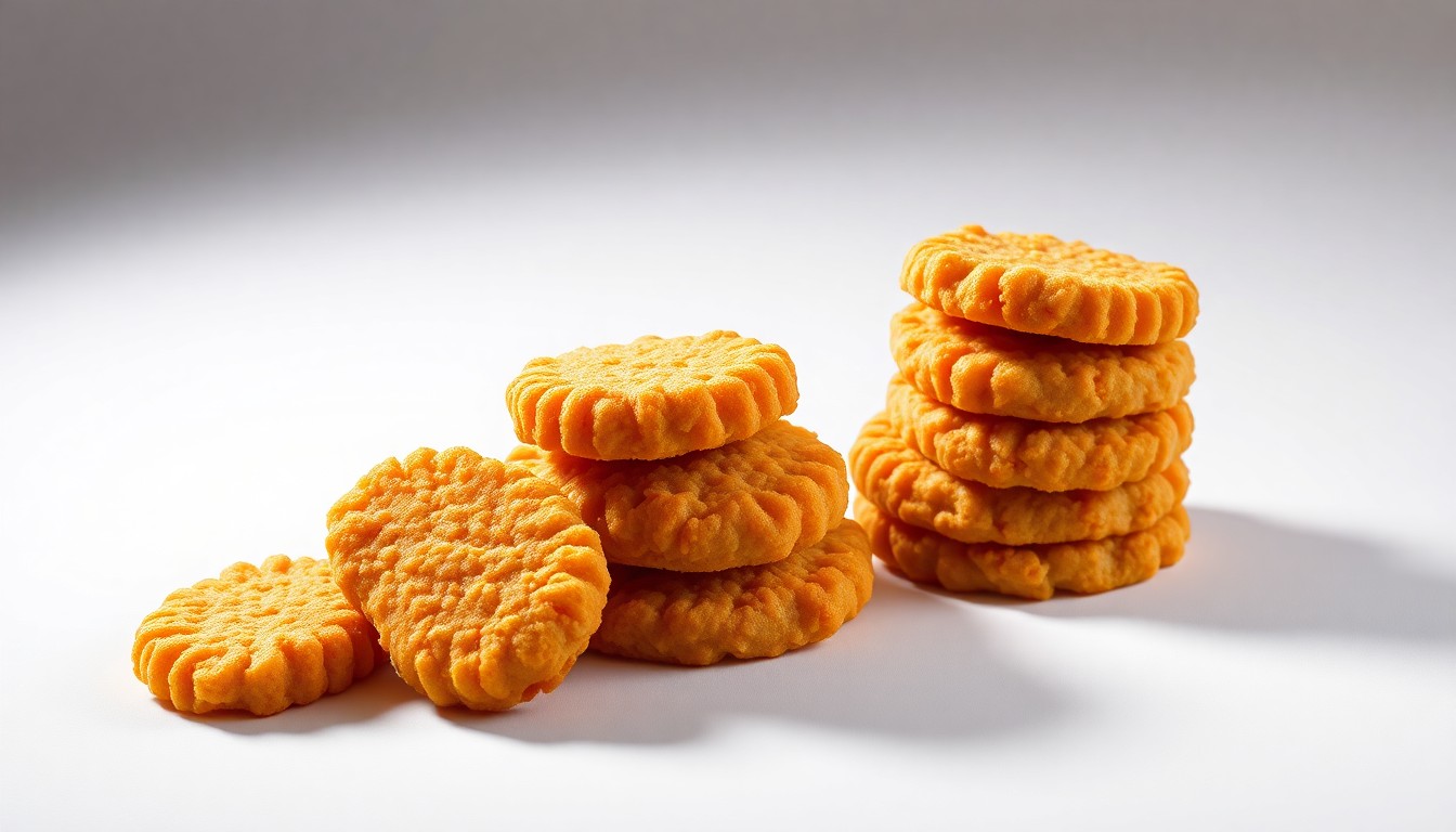A close-up photograph of a stack of freshly fried, golden-brown Chick-fil-A chicken nuggets arranged elegantly on a clean, white background, conveying the high-quality and craftsmanship of the brand's food.