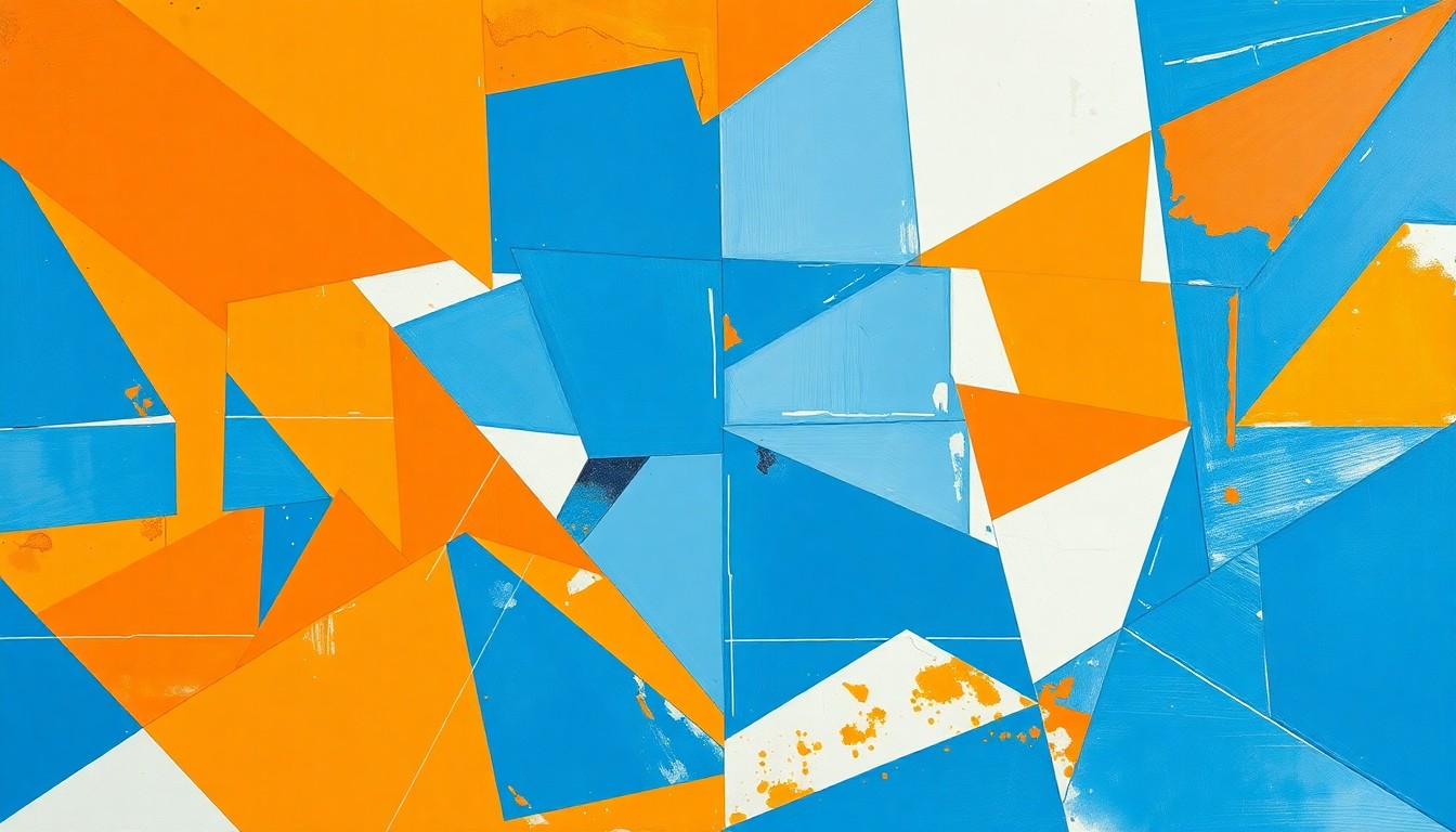 A fractured, geometric painting in shades of orange, blue, and white, depicting the dynamic energy and movement of a basketball game or match through Cubist-inspired abstraction.