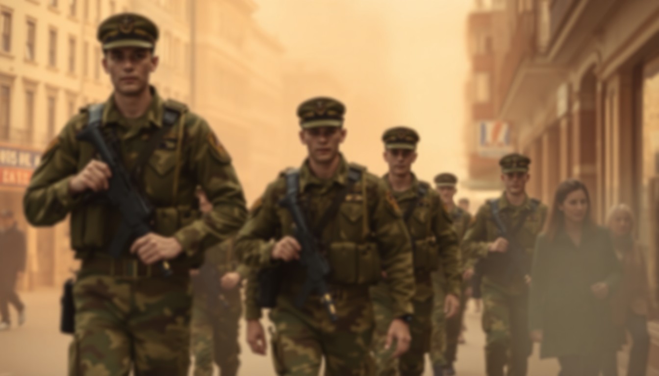 An extremely abstracted, out-of-focus photograph of military service members in uniform walking through a city street, with the buildings and surroundings blurred into soft, warm pools of color, conceptually representing the personal experiences of veterans being shared at the community college event.